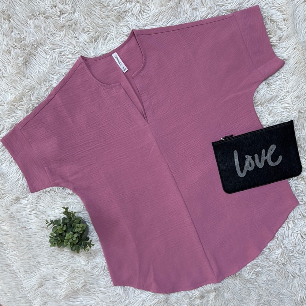 Zenana Airflow SS Split Neck Blouse 💗 Dusty Rose